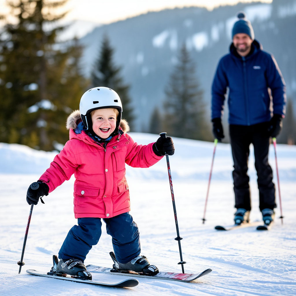 Beginner skier enjoying perfect first skis on snowy slope