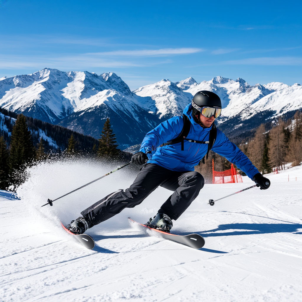 Skier carving perfect parallel turns on snowy slope